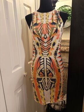 Bardot Neon Tribal Print Sleeveless Mini Dress in Coral, Yellow, Navy